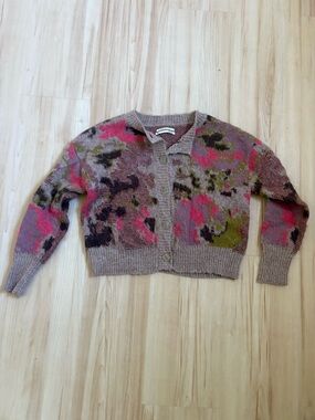Anthropology Women's Taupe Knit Cardigan with Pink & Olive Pattern